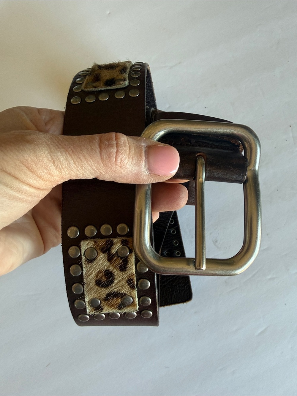 Linda Pelle Leather Studded women’s calf hair Belt with Leopard Accent - Brown